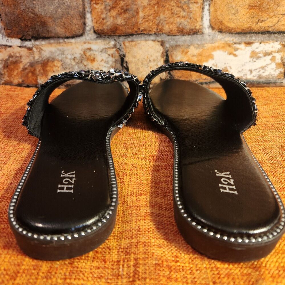 H2K Womens Glitter Bling Fancy Slide Flat Low Wedge Sparkle Sandals Shoes Black - Picture 4 of 7